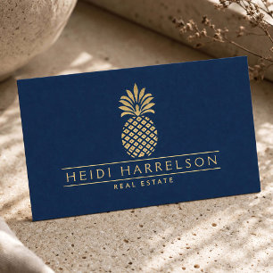 Carte De Visite Logo élégant d'ananas doré sur fond bleu marine