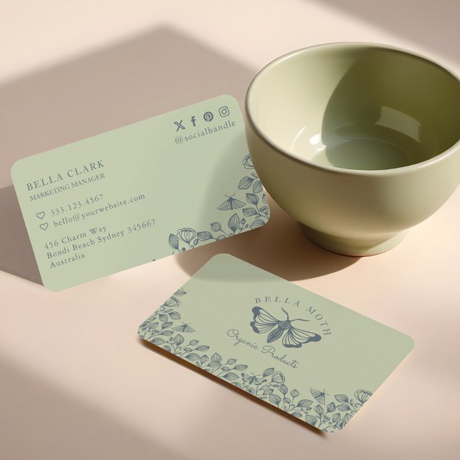 Carte De Visite Logo élégant et chic de fleurs vertes et bleues et (Elegant & Chic Green & Blue Florals & Moth Logo Business Card)