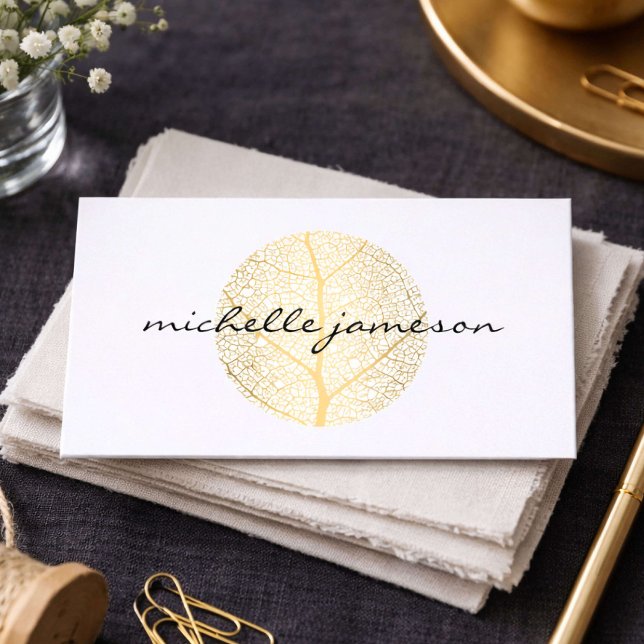 Carte De Visite Logo Elegant Gold Leaf sur Blanc (Créateur téléchargé)