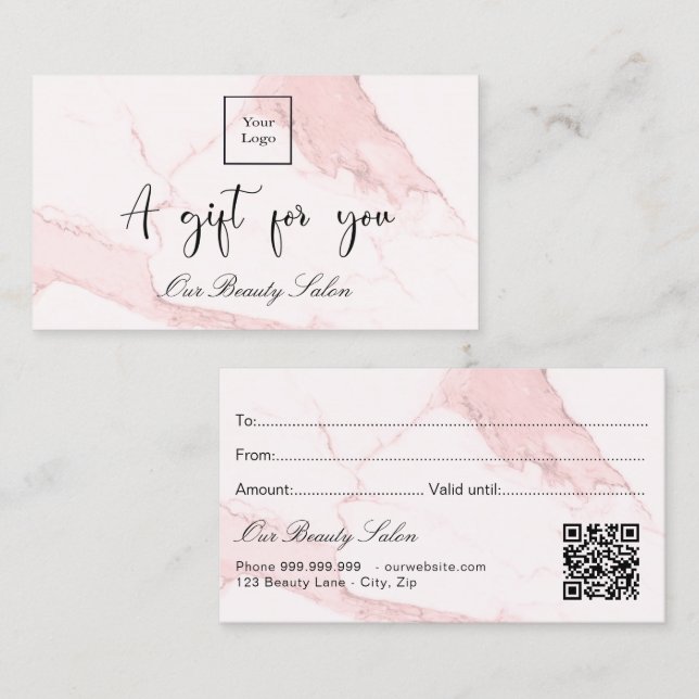 Carte De Visite Logo en marbre rose clair qr code cadeau certifica (Devant / Derrière)