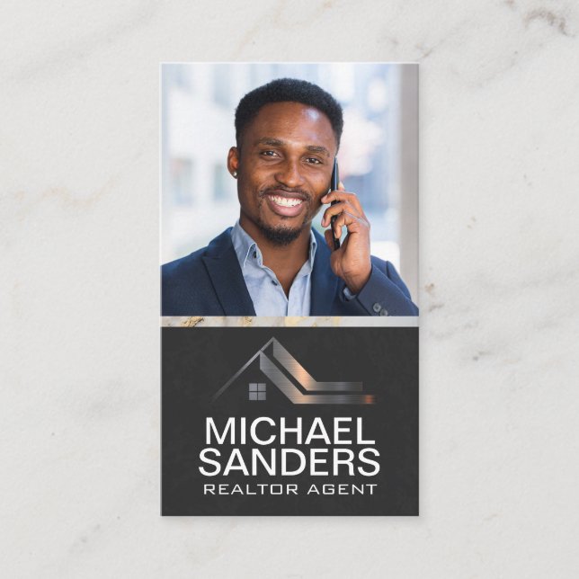 Carte De Visite Logo en métal immobilier | Homme d'affaires au tél (Devant)