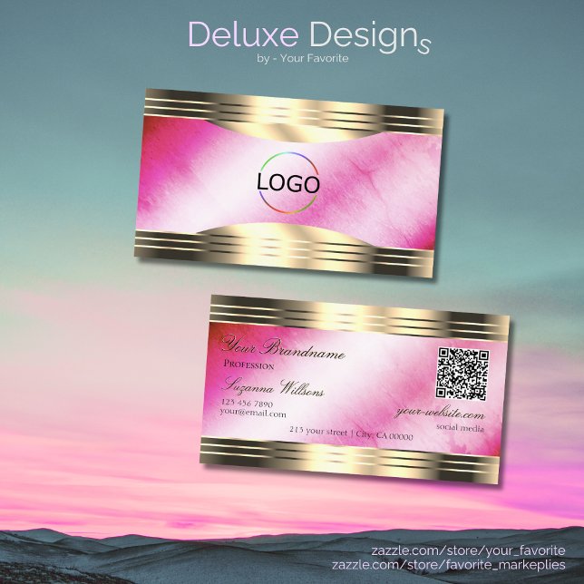 Carte De Visite Logo et code QR Stylish Pink Marble Gold Borders (Créateur téléchargé)