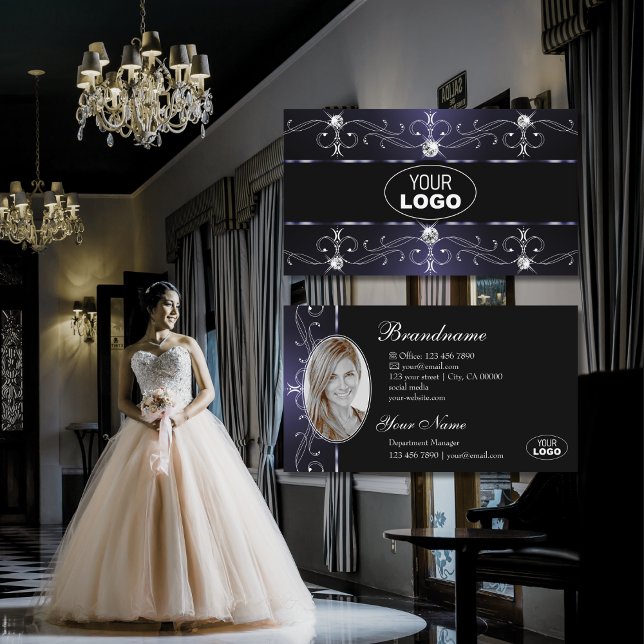 Carte De Visite Logo et photo de l'élégant Black Dark Blue Ornate  (Créateur téléchargé)