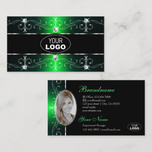 Carte De Visite Logo et photo de Luxuriant Green Black Ornate Bord