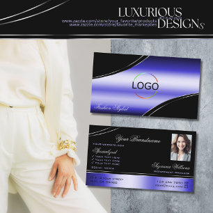 Carte De Visite Logo et photo Smart Black Blue Curved Decor Lines