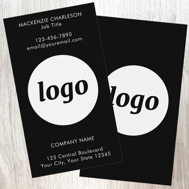 Carte De Visite Logo et texte noir simple vertical (Simple logo with custom text business branding promotional vertical black business cards)