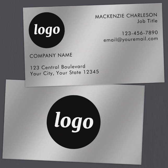 Carte De Visite Logo et texte simple effet argent (Simple logo with custom text business branding promotional business card with silver metallic effect)