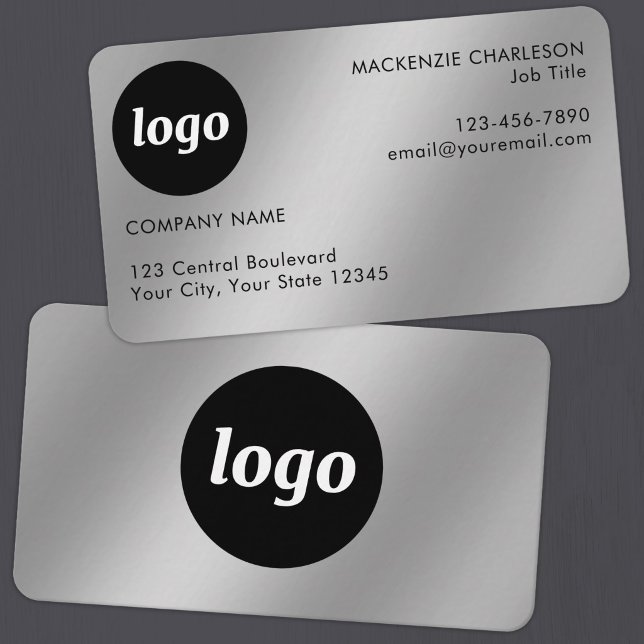 Carte De Visite Logo et texte simple effet argent (Simple logo with custom text business branding promotional silver metallic effect business cards)