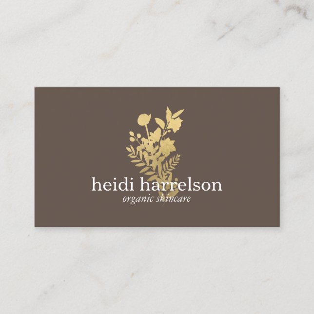 Carte De Visite Logo Faux Gold Floral sur Dark Brown (Devant)