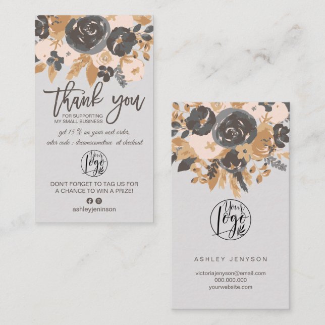 Carte De Visite logo floral boho gris clair commander merci (Devant / Derrière)
