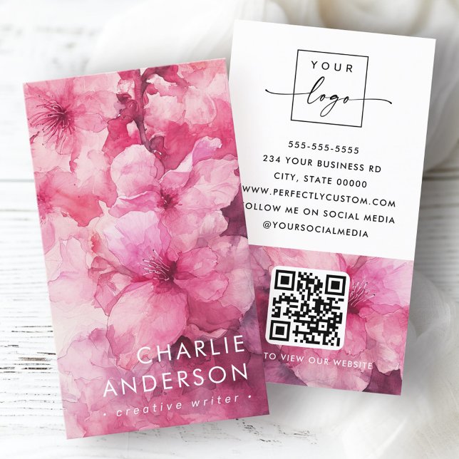 Carte De Visite Logo floral rose de l'aquarelle fleurie logo QR co (Pink floral watercolor flower floral logo QR code Business Card)