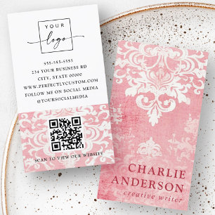 Carte De Visite Logo floral vintage rose damask Code QR