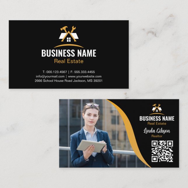 Carte De Visite Logo Gold House Agent immobilier Photo Code QR Mar (Devant / Derrière)
