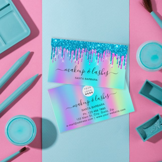 Carte De Visite Logo holographique QR Code Lash Maquillage Déchets (Holographic Logo QR Code Lash Makeup Hair Drips Business Card)