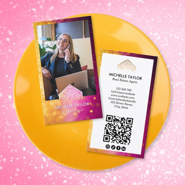 Carte De Visite Logo immobilier professionnel photo Code QR (pink and gold glitter realtor business card with photo)