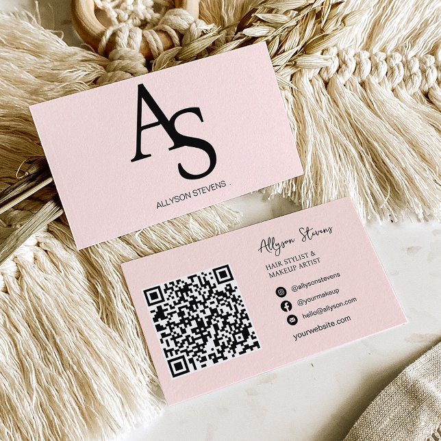 Carte De Visite Logo initiales Bush coiffure rose code qr (Créateur téléchargé)