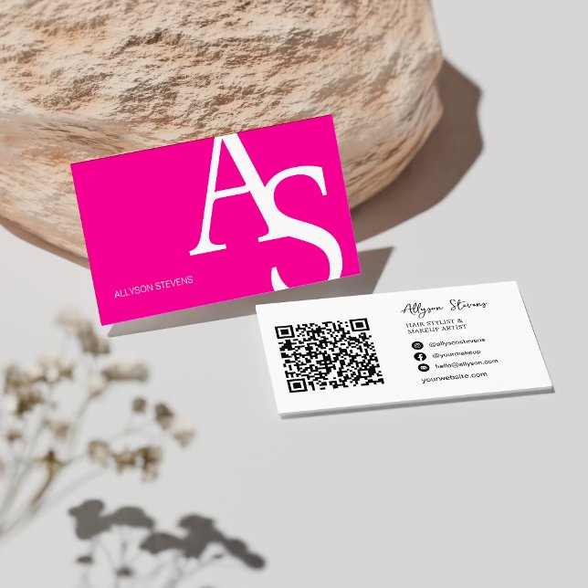 Carte De Visite Logo initiales néon rose gras maquillage code qr (Logo initials neon pink bold makeup qr code business card neon pink)
