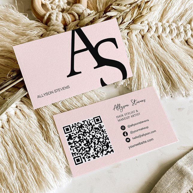 Carte De Visite Logo initiales rose blush bold maquillage code qr (Créateur téléchargé)