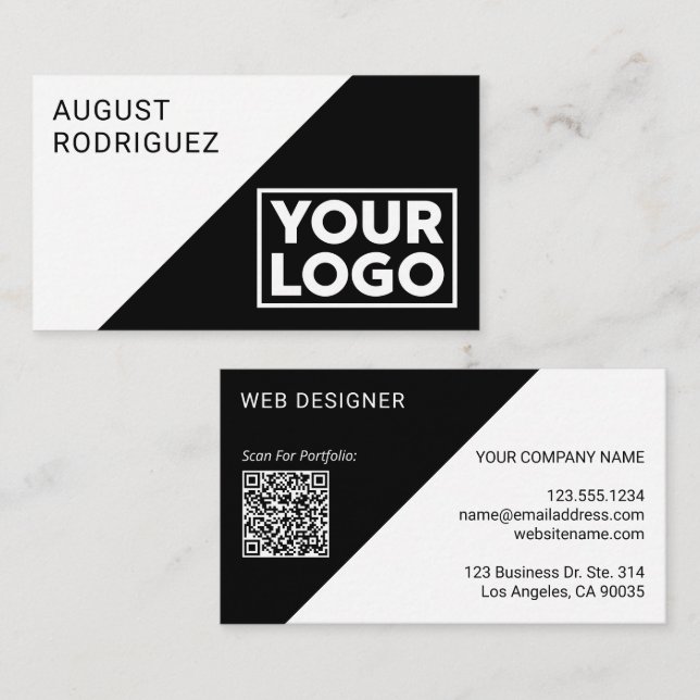 Carte De Visite Logo large personnalisé QR Code noir blanc géométr (Devant / Derrière)