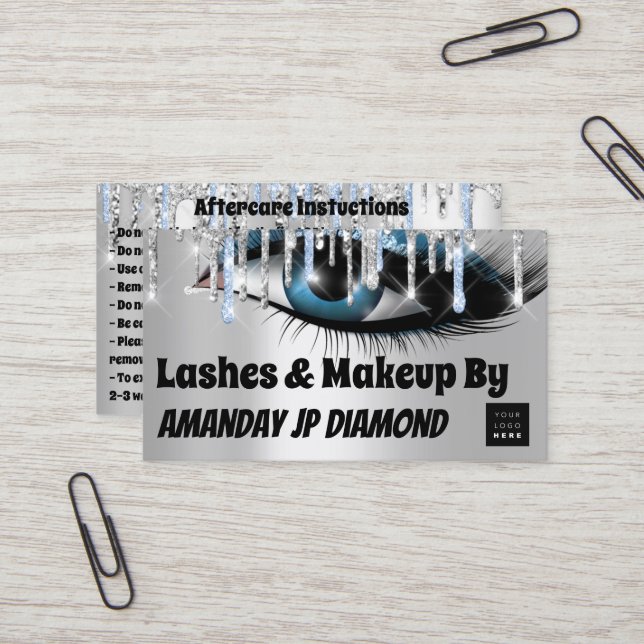 Carte De Visite Logo Lashes Instruction post-soins Blue Silver (Devant/Arrière en situation)