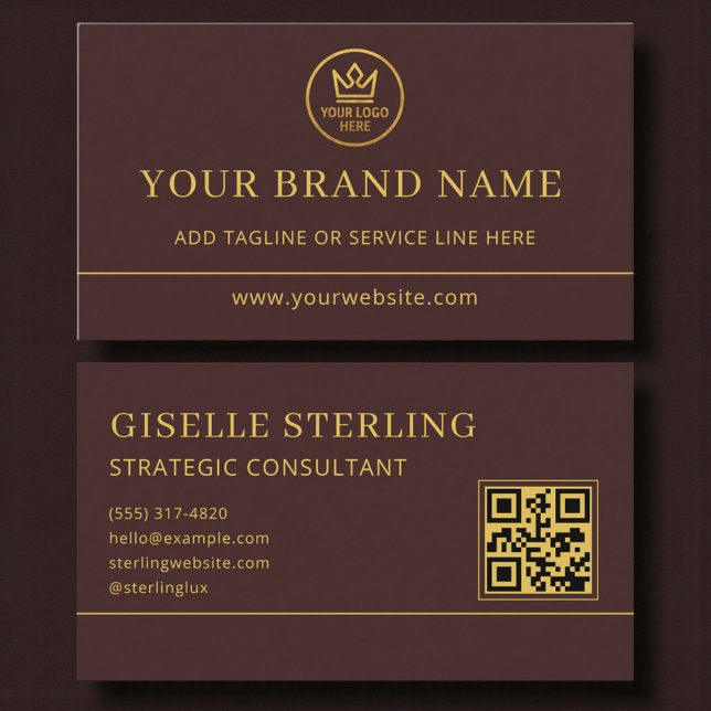 Carte De Visite Logo Luxe Bourgogne Or Code QR (Créateur téléchargé)