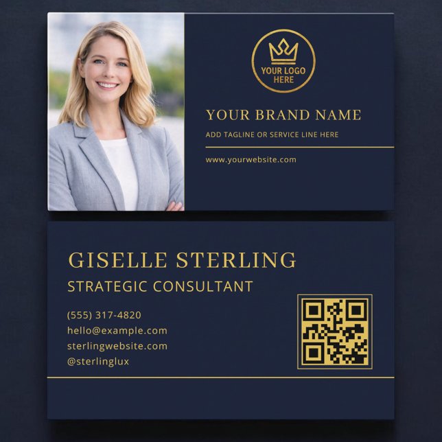 Carte De Visite Logo Luxueux Bleu Or Code QR Photo (Créateur téléchargé)