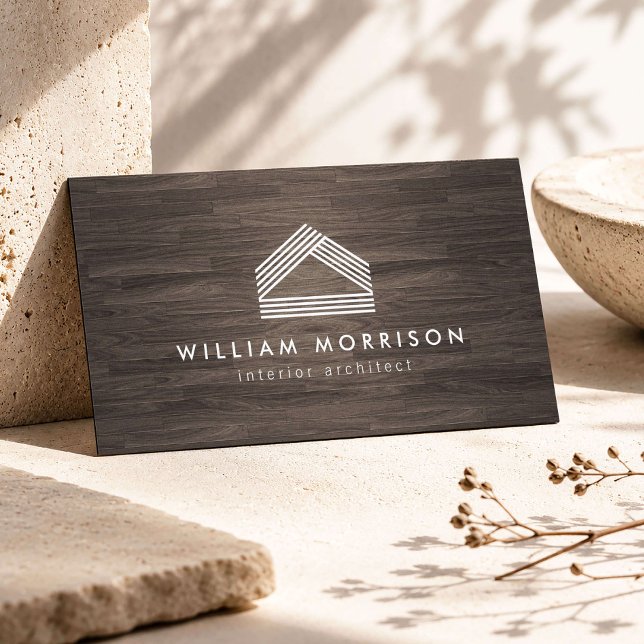Carte De Visite Logo Maison Abstrait Moderne sur Bois foncé (Créateur téléchargé)