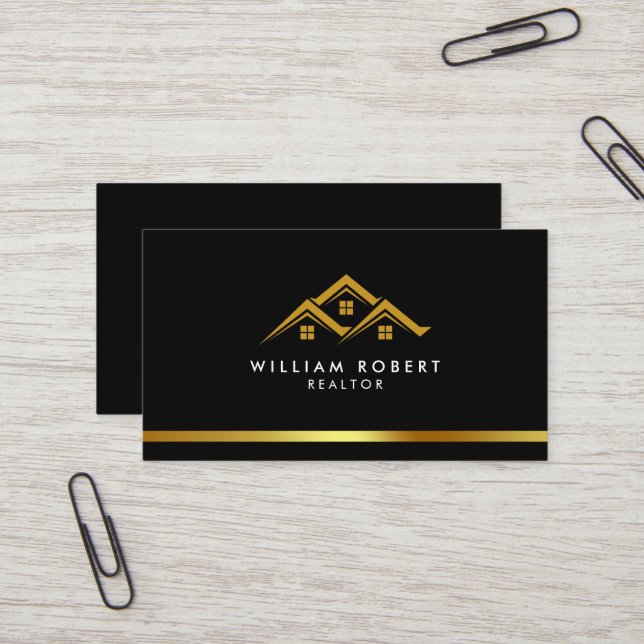 Carte De Visite Logo Maison Dorée Immobilier Agent Immobilier Mode (Devant/Arrière en situation)