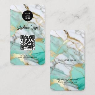 Carte De Visite Logo Marbre Or Vert Élégant & Code QR Moderne
