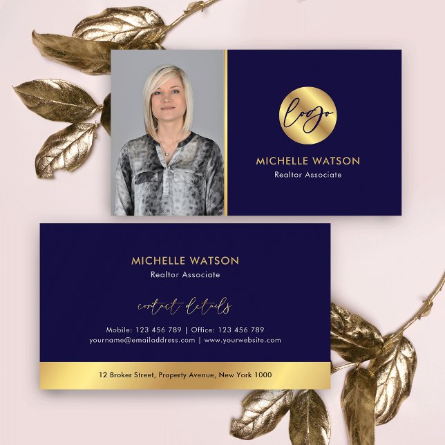Carte De Visite Logo Marine & Gold - Agent immobilier moderne Phot (Elegant navy and gold photo business cards)