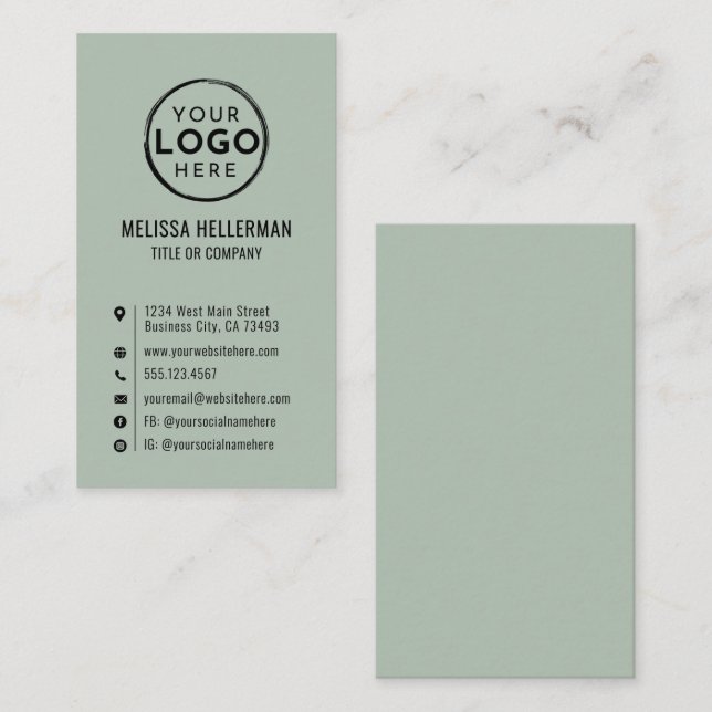 Carte De Visite Logo Minimal Moderne Vertical Vert Sauge (Devant / Derrière)