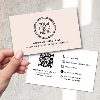 Carte De Visite Logo minimaliste moderne en rose pâle Code QR