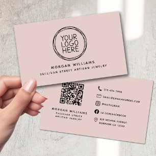 Carte De Visite Logo minimaliste moderne en rose pâle Code QR