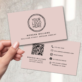 Carte De Visite Logo minimaliste moderne en rose pâle Code QR