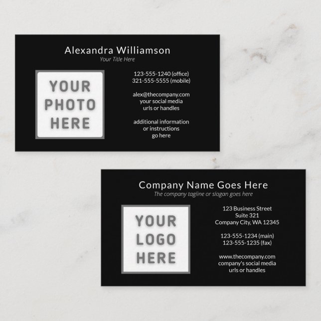 Carte De Visite Logo Modèle photo avant Noir Blanc (Devant / Derrière)