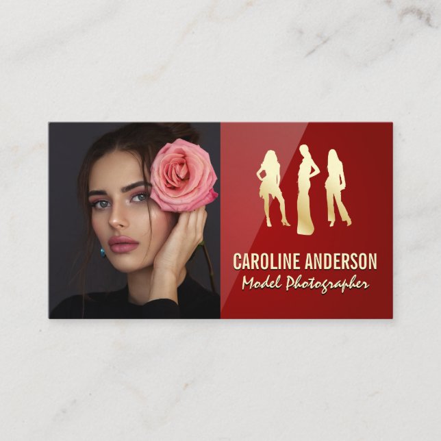 Carte De Visite Logo Modèles | Modèle avec Rose | Rouge brillant (Devant)