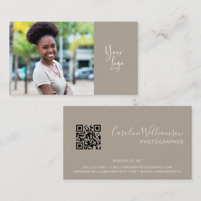 Carte De Visite Logo Moderne Bohème Taupe Simple Code QR Photo (Devant / Derrière)