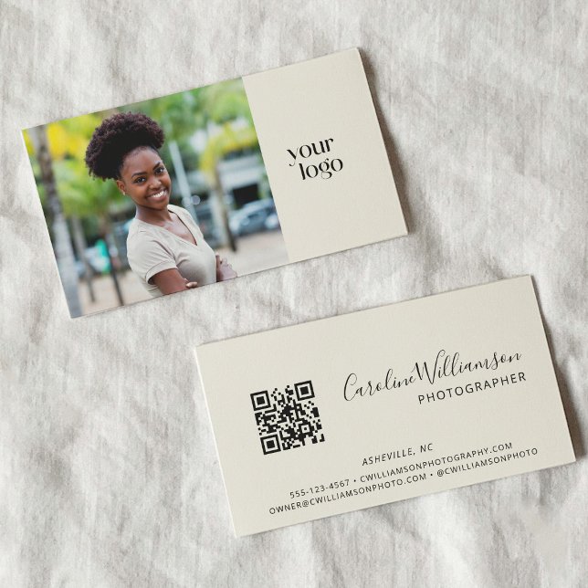 Carte De Visite Logo Moderne Boho Code QR Photo Noir et Blanc (Créateur téléchargé)