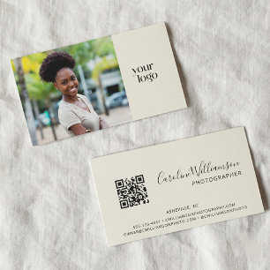 Carte De Visite Logo moderne Boho QR Code photo noir et blanc