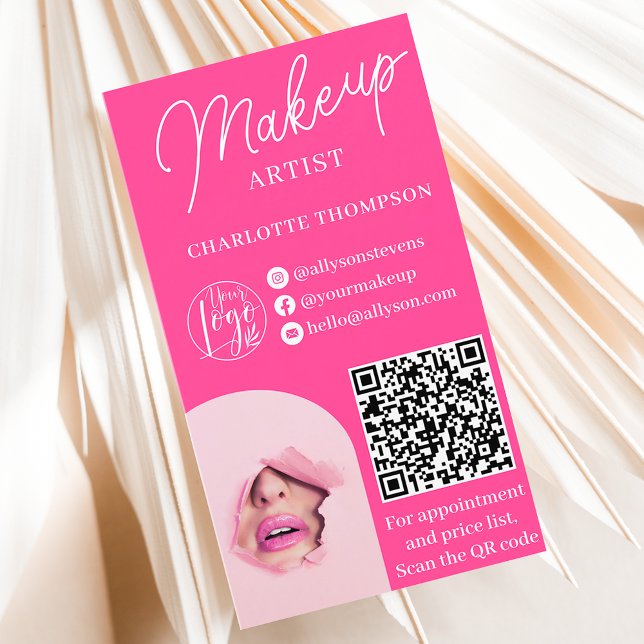 Carte De Visite Logo moderne de maquillage rose chaud Qr code 2 ph (Modern hot pink makeup logo Qr code 2 photos Business Card)