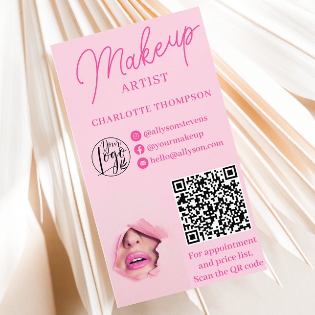 Carte De Visite Logo moderne de maquillage rose Qr code 2 photos (Modern pink makeup logo Qr code 2 photos Business Card)