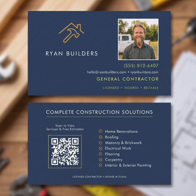 Carte De Visite Logo Moderne Or Bleu Marine Construction (Construction Modern Navy Blue Gold Logo Business Card)