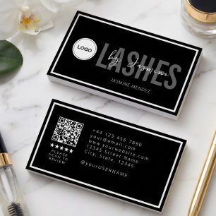 Carte De Visite Logo Moderne QR Avis Artiste de Cils Noir Blanc