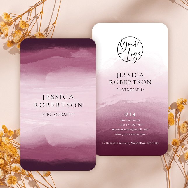 Carte De Visite Logo moderne Watercolor Red Burgundy Professional (Elegant burgundy watercolor business cards with your logo and fully customizable text)