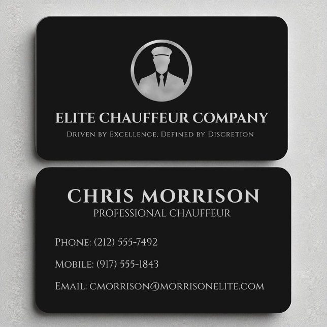 Carte De Visite Logo modifiable de luxe Chauffeur en argent noir (Créateur téléchargé)