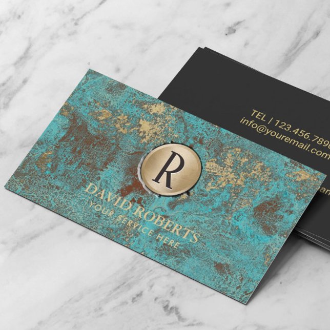 Carte De Visite Logo Monogram Vintage Gold Turquoise & Turquoise (Créateur téléchargé)