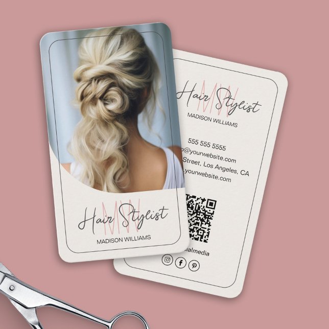 Carte De Visite Logo Monogramme de Coiffeur Photo Marron Clair (Hair Stylist Monogram Logo Photo Tan Business Card)