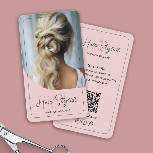 Carte De Visite Logo Monogramme de Coiffeur Photo Rose Pâle (Hair Stylist Monogram Logo Photo Blush Pink Business Card)