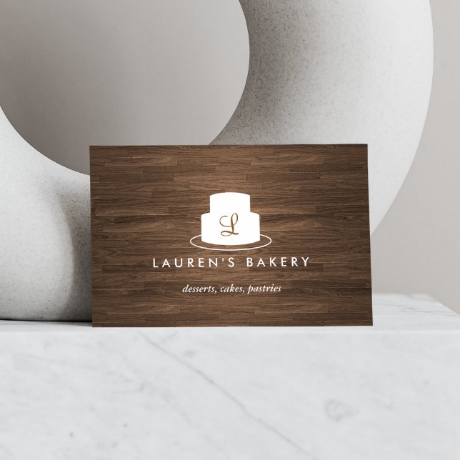 Carte De Visite Logo Monogramme de gâteau en blanc sur le bois Bro (Créateur téléchargé)