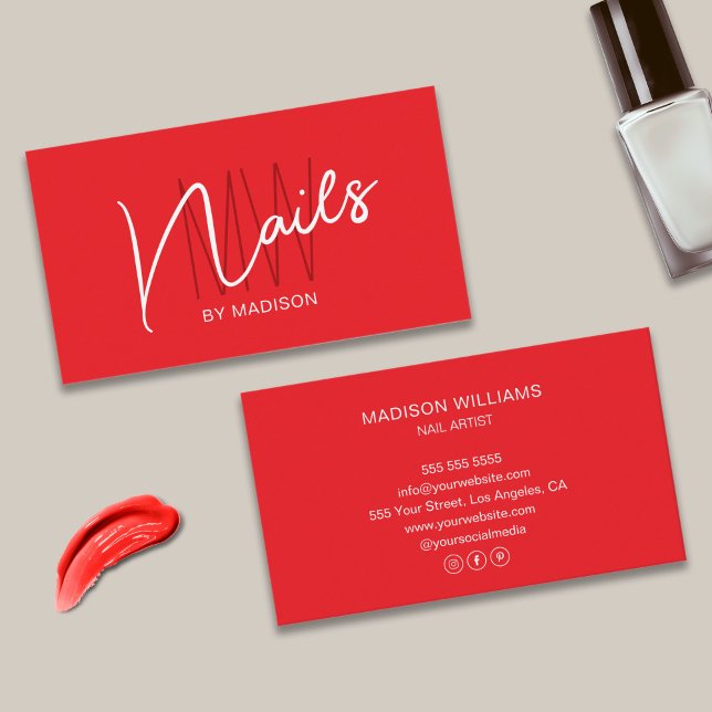 Carte De Visite Logo Monogramme moderne Artiste à ongles rouges (Modern Monogram Logo Red Nail Artist Business Card)